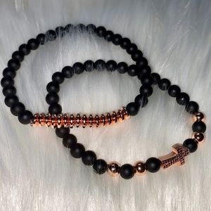 Rose gold cross/ black woven beaded Bracelet
